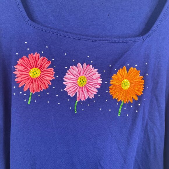 Quacker Factory Top Plus Size 3X Rhinestones Studs Embroidered Flower Blue Shirt - Picture 4 of 9